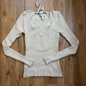 Sofia by Sofia Vergara Cream Ribbed Sweater with Halter Detail